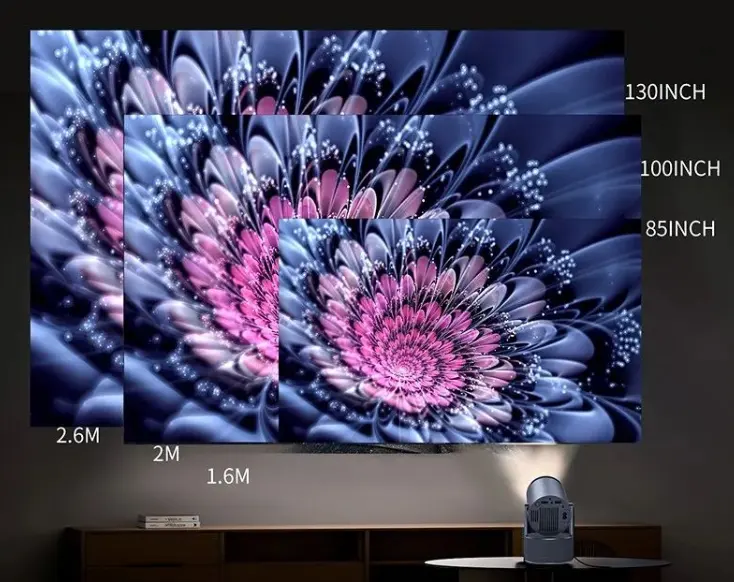 Ultra short throw budget projector showing 100-inch screen in a small apartment living room