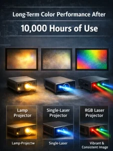 Lamp, Single-Laser, and RGB Three-Color Laser Projection Systems Long-Term Color Performance Changes After 10,000 Hours of Use