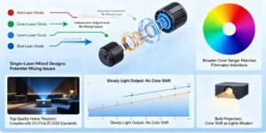 RGB laser projectors are changing what people expect in the high-end home theater projector world. Their setup uses separate red, green, and blue laser light sources. This approach gives excellent accuracy in color display and steady performance over many years. The technology shows a clear move away from bulb-based or phosphor-converted laser setups. It heads toward a cleaner way to handle light. This brings movie-like realism right into living spaces. The Core Principle Behind RGB Laser Projection RGB laser projection works on the idea of creating colors on their own. Each main color—red, green, and blue—comes from its own laser diode. This setup lets each part adjust exactly without mixing issu es from one-laser or mixed designs. The outcome is a much broader color range. It can show shades that match what filmmakers wanted. In top-quality home theaters, this exactness fits cinema rules like DCI-P3 and BT.2020. The benefit goes past just accuracy. It also brings steadiness. Since each light wave stays the same, RGB laser projectors keep even light output as time passes. This steadiness stops the slow color shift seen in bulb projectors. Those shifts happen as their lights wear out and weaken. Img.RGB Laser Projectors Redefining Home Theater Projector Performance Standards.webp How RGB Lasers Enhance Visual Fidelity Image quality relies on even brightness and deep contrast. The steady quality of laser light helps here. It makes edges sharper and picture details clearer at top resolutions like 4K or 8K. The clean nature of each light wave also adds to richer darks and stronger lights. This creates a wide range of tones that pulls viewers in deeper. Premium models use smart control methods to manage strength across single picture points. This keeps no area of the image too dim or spilling over. Even brightness over the whole projected space avoids dim edges. That is a usual problem in bulb systems. In those, the middle looks brighter than the sides. When people look at portable or small projectors, they want sharp, clear pictures. They also seek high detail levels, decent sound, and strong light for use in lit rooms. This point about portable types highlights the key role of sharpness and light. RGB lasers raise these to expert levels in set home setups. Why Are Home Theater Brands Moving Toward RGB Laser Solutions? Top makers are turning more to pure RGB laser systems. Buyers want real-looking images like those in real theaters. The change shows that the tech is ready. The market is set for solid light sources. Market Shift from Lamp-Based to Laser Projection Old bulbs have clear drawbacks. They drop in light over time. They show uneven color warmth. Users must swap them out now and then. These upkeep steps raise running costs. They also break steady work. Solid-state lasers offer many thousands of hours with little drop-off. Solid State Lighting – Projector lamps contain mercury, are expensive, and need to be replaced every few years. They are being replaced by solid state light sources like lasers and high brightness LEDs that last up to 30,000 hours. This long life means less stoppage. It cuts total ownership costs. Buyers get dependability along with strong output. Competitive Differentiation Through Color Performance Color quality sets premium systems apart. RGB lasers cover almost all of the BT.2020 range. No phosphor-based option can do that. This skill works with new HDR types like HDR10+. It gives higher bright spots without too much color overload. Companies stand out in busy markets. People link bright colors with good work. Makers pair wide color range with strong dynamic range fit. They market their items as real movie stand-ins for flat screens. How Do RGB Laser Projectors Improve Brightness and Contrast Levels? Even light and deep contrast make images feel real in dim rooms common in home theaters. RGB laser projectors do well at matching these through straight light tech. The Role of Direct Laser Illumination in Brightness Control Straight laser light skips middle change steps in phosphor setups. No energy waste from change parts or light path flaws, more light hits the screen per unit of power used. It works from small ones under 100 inches to big ones over 150 inches. Smart control ways let fine tuning of each color part. Light stays even in tough scenes with both bright spots and dark areas at once. Do more lumens mean a better projector? Lumens for projectors is like horsepower in a car – it’s important but only a part of how well the projector is suited for the task. While sheer lumen count matters less than overall system design, RGB laser projectors typically achieve superior perceived brightness because their spectral efficiency enhances visual contrast even at lower nominal outputs. Achieving Cinematic Contrast Ratios at Home Contrast level decides how well soft shifts between dark shades stay clear without losing details. Separate control of red, green, and blue parts lets these projectors make darks deeper. They keep bright parts true. Bulb optics struggle to match this balance. Moving contrast methods improve output by checking scene details each frame. In dark parts, power moves to cut extra light spill. In bright parts, full power brings back energy without cutting off lights. The effect is pictures with great depth like pro digital movie setups. What Are the Engineering Challenges Behind RGB Laser Integration? Even with strong benefits, fitting separate-laser designs into small home units brings big build issues. These tie to heat control and light path exactness. Managing Heat Dissipation and Optical Alignment Strong diodes make a lot of heat. They need top heat control with liquid flow systems or heat tube setups. Keeping steady heat points ensures even light wave output. That is key for right color blend. Light path matching adds more trouble. Three beams must meet exactly on one focus spot. They avoid color shifts or spread over time. Makers use tiny change tools linked with check sensors. These hold match accuracy against build strain or outside changes like heat shifts. Balancing Cost Efficiency with Performance Goals Pure-laser parts need high-end light tools. These include color-split mirrors and beam joiners that handle strong steady light without wear. These raise starting build costs over mixed designs. Yet they promise top light cleanness. Current studies aim at block designs. They make swappable light parts that ease later fixes or adds. This cuts build steps in making batches. As more use spreads among home theater makers, cost per light unit should drop bit by bit. How Does RGB Laser Technology Influence Image Longevity and Maintenance? Strength stands as a top draw for solid-state light tech. It targets fans who want steady work over long periods. Long-Term Stability of Laser Light Sources Lasers differ from bulbs in how they fade. They avoid quick light drop after few hundred hours. Instead, they show slow weakening over many thousands of hours. They keep color balance. LED technology avoids dimming projector issues, allowing smart projectors to shine brightly for up to 30,000 hours. Although referring specifically to LED systems, this principle applies equally—and often more effectively—to direct-laser configurations which sustain luminous intensity longer due to lower thermal cycling stress on emitters. Steady light output cuts the need for re-sets. After first setup during install, an RGB system holds its base light point much longer than bulb units hit by light aging. Maintenance Advantages for End Users and Installers Closed light engines block dust entry. That is a main cause of picture flaws like spots or fog on inner lenses. Far-off checks through net links give early fix warnings before issues show. For setup experts handling many sites or high-end home blends, this far-off work cuts visit needs. It keeps running time strong as expected from top electronics buys. How Will Emerging Standards Shape the Future of RGB Laser Projectors? Screen rules keep growing toward higher details (8K) and wider tone ranges (Dolby Vision). Pure-laser build ways are well set to meet these. Their growth in light wave exactness and control speed helps. Compatibility with Next-Generation Display Formats 8K detail needs exact point lines. This works only when light stays steady across tiny edges. Lasers do this well compared to spread LED groups or spark bulbs. Plus, BT.2020-level color cover ensures fit with future HDR10+ work flows from studios making super-high-detail streams. Flexible software setups let makers push changes. These match projector work with new air rules without part swaps. The guards buys against old-style loss in home tech areas. Img.RGB Laser Projectors Redefining Home Theater Projector.webp Integration with Smart Home Ecosystems and AI Calibration Systems New home theater networks lean on auto systems. These blend light control, sound match, and space checks under one setup like Alexa or Google Home networks. AI-based setup in coming projectors watches room states all the time. It tweaks tone lines or light balance based on found wall shine or room light levels. Data checks from use records give early wear spot info. This spots part fade long before breaks happen. It boosts strength traits key for high-cost setups where stoppage links straight to user upset. Conclusion: The Strategic Value of Adopting RGB Laser Projection Technology RGB laser projectors mix build exactness with sight quality no past tech can match. Their skill to give true movie feels through full color truth sets them as base changes. They redefine top home fun work rules in luxury home markets around the world. FAQs about RGB Laser Projectors