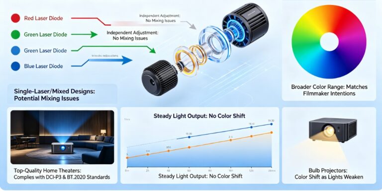 RGB laser projectors are changing what people expect in the high-end home theater projector world. Their setup uses separate red, green, and blue laser light sources. This approach gives excellent accuracy in color display and steady performance over many years. The technology shows a clear move away from bulb-based or phosphor-converted laser setups. It heads toward a cleaner way to handle light. This brings movie-like realism right into living spaces. The Core Principle Behind RGB Laser Projection RGB laser projection works on the idea of creating colors on their own. Each main color—red, green, and blue—comes from its own laser diode. This setup lets each part adjust exactly without mixing issu es from one-laser or mixed designs. The outcome is a much broader color range. It can show shades that match what filmmakers wanted. In top-quality home theaters, this exactness fits cinema rules like DCI-P3 and BT.2020. The benefit goes past just accuracy. It also brings steadiness. Since each light wave stays the same, RGB laser projectors keep even light output as time passes. This steadiness stops the slow color shift seen in bulb projectors. Those shifts happen as their lights wear out and weaken. Img.RGB Laser Projectors Redefining Home Theater Projector Performance Standards.webp How RGB Lasers Enhance Visual Fidelity Image quality relies on even brightness and deep contrast. The steady quality of laser light helps here. It makes edges sharper and picture details clearer at top resolutions like 4K or 8K. The clean nature of each light wave also adds to richer darks and stronger lights. This creates a wide range of tones that pulls viewers in deeper. Premium models use smart control methods to manage strength across single picture points. This keeps no area of the image too dim or spilling over. Even brightness over the whole projected space avoids dim edges. That is a usual problem in bulb systems. In those, the middle looks brighter than the sides. When people look at portable or small projectors, they want sharp, clear pictures. They also seek high detail levels, decent sound, and strong light for use in lit rooms. This point about portable types highlights the key role of sharpness and light. RGB lasers raise these to expert levels in set home setups. Why Are Home Theater Brands Moving Toward RGB Laser Solutions? Top makers are turning more to pure RGB laser systems. Buyers want real-looking images like those in real theaters. The change shows that the tech is ready. The market is set for solid light sources. Market Shift from Lamp-Based to Laser Projection Old bulbs have clear drawbacks. They drop in light over time. They show uneven color warmth. Users must swap them out now and then. These upkeep steps raise running costs. They also break steady work. Solid-state lasers offer many thousands of hours with little drop-off. Solid State Lighting – Projector lamps contain mercury, are expensive, and need to be replaced every few years. They are being replaced by solid state light sources like lasers and high brightness LEDs that last up to 30,000 hours. This long life means less stoppage. It cuts total ownership costs. Buyers get dependability along with strong output. Competitive Differentiation Through Color Performance Color quality sets premium systems apart. RGB lasers cover almost all of the BT.2020 range. No phosphor-based option can do that. This skill works with new HDR types like HDR10+. It gives higher bright spots without too much color overload. Companies stand out in busy markets. People link bright colors with good work. Makers pair wide color range with strong dynamic range fit. They market their items as real movie stand-ins for flat screens. How Do RGB Laser Projectors Improve Brightness and Contrast Levels? Even light and deep contrast make images feel real in dim rooms common in home theaters. RGB laser projectors do well at matching these through straight light tech. The Role of Direct Laser Illumination in Brightness Control Straight laser light skips middle change steps in phosphor setups. No energy waste from change parts or light path flaws, more light hits the screen per unit of power used. It works from small ones under 100 inches to big ones over 150 inches. Smart control ways let fine tuning of each color part. Light stays even in tough scenes with both bright spots and dark areas at once. Do more lumens mean a better projector? Lumens for projectors is like horsepower in a car – it’s important but only a part of how well the projector is suited for the task. While sheer lumen count matters less than overall system design, RGB laser projectors typically achieve superior perceived brightness because their spectral efficiency enhances visual contrast even at lower nominal outputs. Achieving Cinematic Contrast Ratios at Home Contrast level decides how well soft shifts between dark shades stay clear without losing details. Separate control of red, green, and blue parts lets these projectors make darks deeper. They keep bright parts true. Bulb optics struggle to match this balance. Moving contrast methods improve output by checking scene details each frame. In dark parts, power moves to cut extra light spill. In bright parts, full power brings back energy without cutting off lights. The effect is pictures with great depth like pro digital movie setups. What Are the Engineering Challenges Behind RGB Laser Integration? Even with strong benefits, fitting separate-laser designs into small home units brings big build issues. These tie to heat control and light path exactness. Managing Heat Dissipation and Optical Alignment Strong diodes make a lot of heat. They need top heat control with liquid flow systems or heat tube setups. Keeping steady heat points ensures even light wave output. That is key for right color blend. Light path matching adds more trouble. Three beams must meet exactly on one focus spot. They avoid color shifts or spread over time. Makers use tiny change tools linked with check sensors. These hold match accuracy against build strain or outside changes like heat shifts. Balancing Cost Efficiency with Performance Goals Pure-laser parts need high-end light tools. These include color-split mirrors and beam joiners that handle strong steady light without wear. These raise starting build costs over mixed designs. Yet they promise top light cleanness. Current studies aim at block designs. They make swappable light parts that ease later fixes or adds. This cuts build steps in making batches. As more use spreads among home theater makers, cost per light unit should drop bit by bit. How Does RGB Laser Technology Influence Image Longevity and Maintenance? Strength stands as a top draw for solid-state light tech. It targets fans who want steady work over long periods. Long-Term Stability of Laser Light Sources Lasers differ from bulbs in how they fade. They avoid quick light drop after few hundred hours. Instead, they show slow weakening over many thousands of hours. They keep color balance. LED technology avoids dimming projector issues, allowing smart projectors to shine brightly for up to 30,000 hours. Although referring specifically to LED systems, this principle applies equally—and often more effectively—to direct-laser configurations which sustain luminous intensity longer due to lower thermal cycling stress on emitters. Steady light output cuts the need for re-sets. After first setup during install, an RGB system holds its base light point much longer than bulb units hit by light aging. Maintenance Advantages for End Users and Installers Closed light engines block dust entry. That is a main cause of picture flaws like spots or fog on inner lenses. Far-off checks through net links give early fix warnings before issues show. For setup experts handling many sites or high-end home blends, this far-off work cuts visit needs. It keeps running time strong as expected from top electronics buys. How Will Emerging Standards Shape the Future of RGB Laser Projectors? Screen rules keep growing toward higher details (8K) and wider tone ranges (Dolby Vision). Pure-laser build ways are well set to meet these. Their growth in light wave exactness and control speed helps. Compatibility with Next-Generation Display Formats 8K detail needs exact point lines. This works only when light stays steady across tiny edges. Lasers do this well compared to spread LED groups or spark bulbs. Plus, BT.2020-level color cover ensures fit with future HDR10+ work flows from studios making super-high-detail streams. Flexible software setups let makers push changes. These match projector work with new air rules without part swaps. The guards buys against old-style loss in home tech areas. Img.RGB Laser Projectors Redefining Home Theater Projector.webp Integration with Smart Home Ecosystems and AI Calibration Systems New home theater networks lean on auto systems. These blend light control, sound match, and space checks under one setup like Alexa or Google Home networks. AI-based setup in coming projectors watches room states all the time. It tweaks tone lines or light balance based on found wall shine or room light levels. Data checks from use records give early wear spot info. This spots part fade long before breaks happen. It boosts strength traits key for high-cost setups where stoppage links straight to user upset. Conclusion: The Strategic Value of Adopting RGB Laser Projection Technology RGB laser projectors mix build exactness with sight quality no past tech can match. Their skill to give true movie feels through full color truth sets them as base changes. They redefine top home fun work rules in luxury home markets around the world. FAQs about RGB Laser Projectors