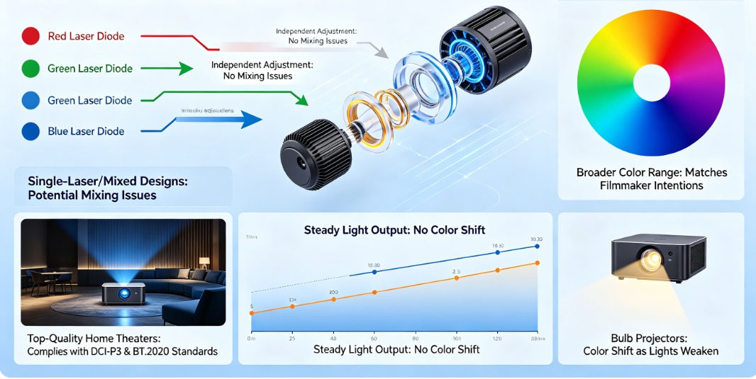 RGB laser projectors are changing what people expect in the high-end home theater projector world. Their setup uses separate red, green, and blue laser light sources. This approach gives excellent accuracy in color display and steady performance over many years. The technology shows a clear move away from bulb-based or phosphor-converted laser setups. It heads toward a cleaner way to handle light. This brings movie-like realism right into living spaces. The Core Principle Behind RGB Laser Projection RGB laser projection works on the idea of creating colors on their own. Each main color—red, green, and blue—comes from its own laser diode. This setup lets each part adjust exactly without mixing issu es from one-laser or mixed designs. The outcome is a much broader color range. It can show shades that match what filmmakers wanted. In top-quality home theaters, this exactness fits cinema rules like DCI-P3 and BT.2020. The benefit goes past just accuracy. It also brings steadiness. Since each light wave stays the same, RGB laser projectors keep even light output as time passes. This steadiness stops the slow color shift seen in bulb projectors. Those shifts happen as their lights wear out and weaken. Img.RGB Laser Projectors Redefining Home Theater Projector Performance Standards.webp How RGB Lasers Enhance Visual Fidelity Image quality relies on even brightness and deep contrast. The steady quality of laser light helps here. It makes edges sharper and picture details clearer at top resolutions like 4K or 8K. The clean nature of each light wave also adds to richer darks and stronger lights. This creates a wide range of tones that pulls viewers in deeper. Premium models use smart control methods to manage strength across single picture points. This keeps no area of the image too dim or spilling over. Even brightness over the whole projected space avoids dim edges. That is a usual problem in bulb systems. In those, the middle looks brighter than the sides. When people look at portable or small projectors, they want sharp, clear pictures. They also seek high detail levels, decent sound, and strong light for use in lit rooms. This point about portable types highlights the key role of sharpness and light. RGB lasers raise these to expert levels in set home setups. Why Are Home Theater Brands Moving Toward RGB Laser Solutions? Top makers are turning more to pure RGB laser systems. Buyers want real-looking images like those in real theaters. The change shows that the tech is ready. The market is set for solid light sources. Market Shift from Lamp-Based to Laser Projection Old bulbs have clear drawbacks. They drop in light over time. They show uneven color warmth. Users must swap them out now and then. These upkeep steps raise running costs. They also break steady work. Solid-state lasers offer many thousands of hours with little drop-off. Solid State Lighting – Projector lamps contain mercury, are expensive, and need to be replaced every few years. They are being replaced by solid state light sources like lasers and high brightness LEDs that last up to 30,000 hours. This long life means less stoppage. It cuts total ownership costs. Buyers get dependability along with strong output. Competitive Differentiation Through Color Performance Color quality sets premium systems apart. RGB lasers cover almost all of the BT.2020 range. No phosphor-based option can do that. This skill works with new HDR types like HDR10+. It gives higher bright spots without too much color overload. Companies stand out in busy markets. People link bright colors with good work. Makers pair wide color range with strong dynamic range fit. They market their items as real movie stand-ins for flat screens. How Do RGB Laser Projectors Improve Brightness and Contrast Levels? Even light and deep contrast make images feel real in dim rooms common in home theaters. RGB laser projectors do well at matching these through straight light tech. The Role of Direct Laser Illumination in Brightness Control Straight laser light skips middle change steps in phosphor setups. No energy waste from change parts or light path flaws, more light hits the screen per unit of power used. It works from small ones under 100 inches to big ones over 150 inches. Smart control ways let fine tuning of each color part. Light stays even in tough scenes with both bright spots and dark areas at once. Do more lumens mean a better projector? Lumens for projectors is like horsepower in a car – it’s important but only a part of how well the projector is suited for the task. While sheer lumen count matters less than overall system design, RGB laser projectors typically achieve superior perceived brightness because their spectral efficiency enhances visual contrast even at lower nominal outputs. Achieving Cinematic Contrast Ratios at Home Contrast level decides how well soft shifts between dark shades stay clear without losing details. Separate control of red, green, and blue parts lets these projectors make darks deeper. They keep bright parts true. Bulb optics struggle to match this balance. Moving contrast methods improve output by checking scene details each frame. In dark parts, power moves to cut extra light spill. In bright parts, full power brings back energy without cutting off lights. The effect is pictures with great depth like pro digital movie setups. What Are the Engineering Challenges Behind RGB Laser Integration? Even with strong benefits, fitting separate-laser designs into small home units brings big build issues. These tie to heat control and light path exactness. Managing Heat Dissipation and Optical Alignment Strong diodes make a lot of heat. They need top heat control with liquid flow systems or heat tube setups. Keeping steady heat points ensures even light wave output. That is key for right color blend. Light path matching adds more trouble. Three beams must meet exactly on one focus spot. They avoid color shifts or spread over time. Makers use tiny change tools linked with check sensors. These hold match accuracy against build strain or outside changes like heat shifts. Balancing Cost Efficiency with Performance Goals Pure-laser parts need high-end light tools. These include color-split mirrors and beam joiners that handle strong steady light without wear. These raise starting build costs over mixed designs. Yet they promise top light cleanness. Current studies aim at block designs. They make swappable light parts that ease later fixes or adds. This cuts build steps in making batches. As more use spreads among home theater makers, cost per light unit should drop bit by bit. How Does RGB Laser Technology Influence Image Longevity and Maintenance? Strength stands as a top draw for solid-state light tech. It targets fans who want steady work over long periods. Long-Term Stability of Laser Light Sources Lasers differ from bulbs in how they fade. They avoid quick light drop after few hundred hours. Instead, they show slow weakening over many thousands of hours. They keep color balance. LED technology avoids dimming projector issues, allowing smart projectors to shine brightly for up to 30,000 hours. Although referring specifically to LED systems, this principle applies equally—and often more effectively—to direct-laser configurations which sustain luminous intensity longer due to lower thermal cycling stress on emitters. Steady light output cuts the need for re-sets. After first setup during install, an RGB system holds its base light point much longer than bulb units hit by light aging. Maintenance Advantages for End Users and Installers Closed light engines block dust entry. That is a main cause of picture flaws like spots or fog on inner lenses. Far-off checks through net links give early fix warnings before issues show. For setup experts handling many sites or high-end home blends, this far-off work cuts visit needs. It keeps running time strong as expected from top electronics buys. How Will Emerging Standards Shape the Future of RGB Laser Projectors? Screen rules keep growing toward higher details (8K) and wider tone ranges (Dolby Vision). Pure-laser build ways are well set to meet these. Their growth in light wave exactness and control speed helps. Compatibility with Next-Generation Display Formats 8K detail needs exact point lines. This works only when light stays steady across tiny edges. Lasers do this well compared to spread LED groups or spark bulbs. Plus, BT.2020-level color cover ensures fit with future HDR10+ work flows from studios making super-high-detail streams. Flexible software setups let makers push changes. These match projector work with new air rules without part swaps. The guards buys against old-style loss in home tech areas. Img.RGB Laser Projectors Redefining Home Theater Projector.webp Integration with Smart Home Ecosystems and AI Calibration Systems New home theater networks lean on auto systems. These blend light control, sound match, and space checks under one setup like Alexa or Google Home networks. AI-based setup in coming projectors watches room states all the time. It tweaks tone lines or light balance based on found wall shine or room light levels. Data checks from use records give early wear spot info. This spots part fade long before breaks happen. It boosts strength traits key for high-cost setups where stoppage links straight to user upset. Conclusion: The Strategic Value of Adopting RGB Laser Projection Technology RGB laser projectors mix build exactness with sight quality no past tech can match. Their skill to give true movie feels through full color truth sets them as base changes. They redefine top home fun work rules in luxury home markets around the world. FAQs about RGB Laser Projectors