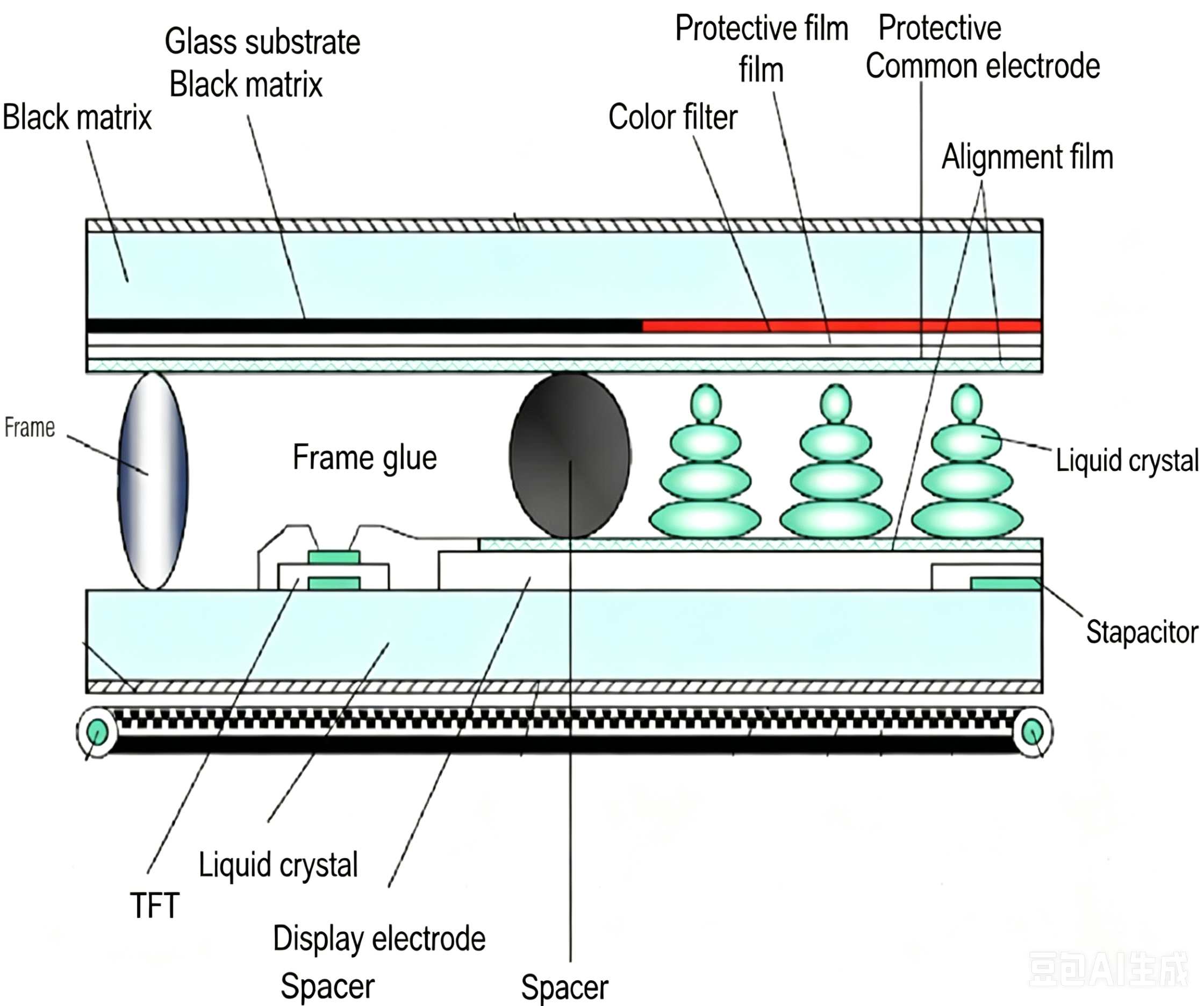 LCD projector display structure diagram with TFT liquid crystal layer and color filter components