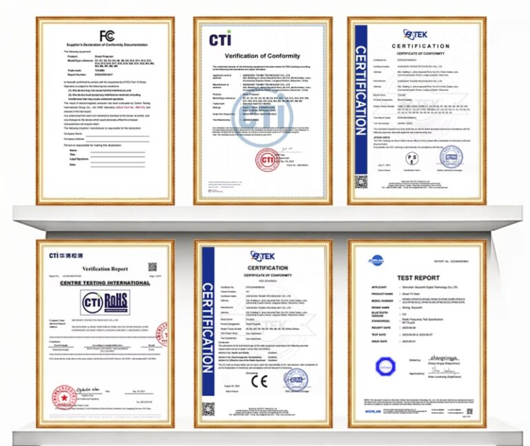 Projector OEM ODM compliance certificates including CE FCC RoHS and test reports