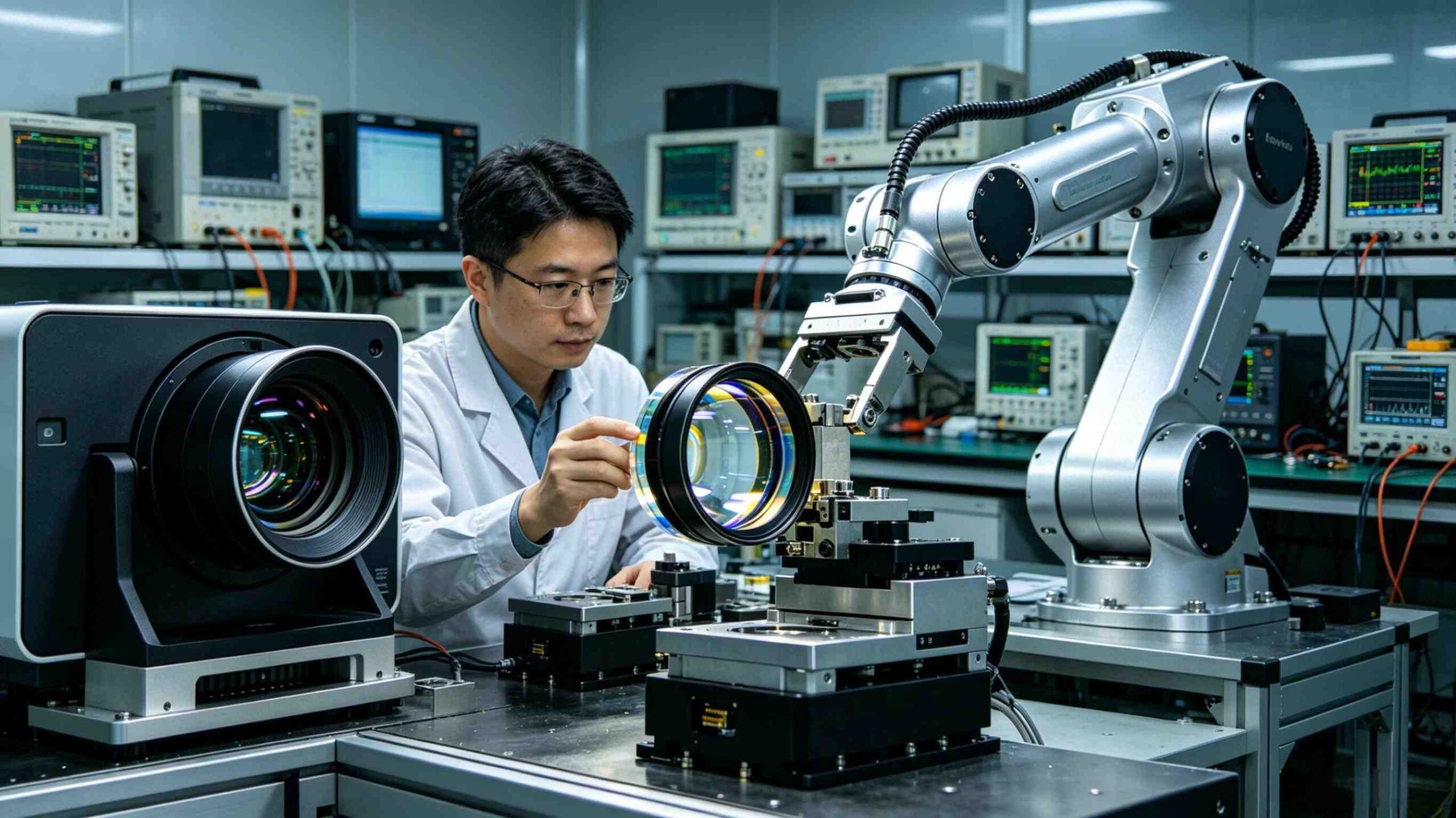 Engineer testing RGB laser projector optical components for ODM production