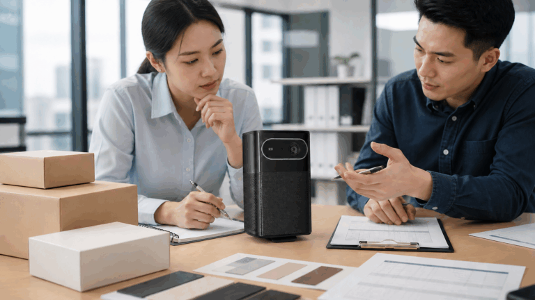 OEM projector manufacturer reviewing packaging design and product delivery requirements