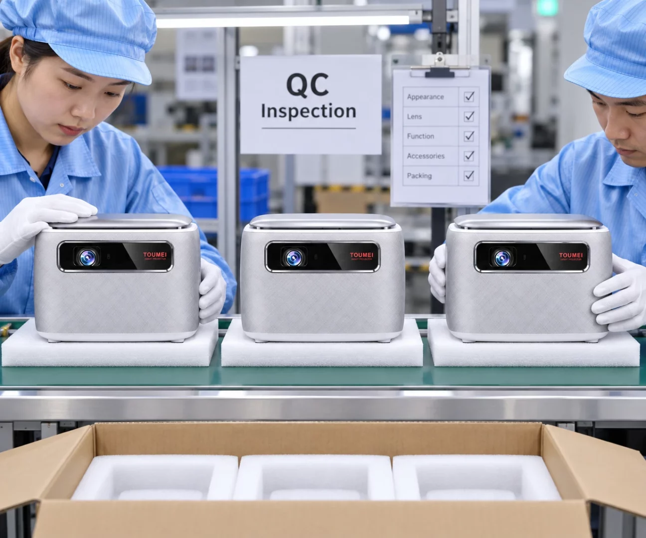 How to Build a Projector Quality Control Checklist for Bulk Orders 2 Factory workers performing quality inspection on portable projectors before packaging