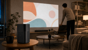 Portable projector creating a large home entertainment image in a modern living room