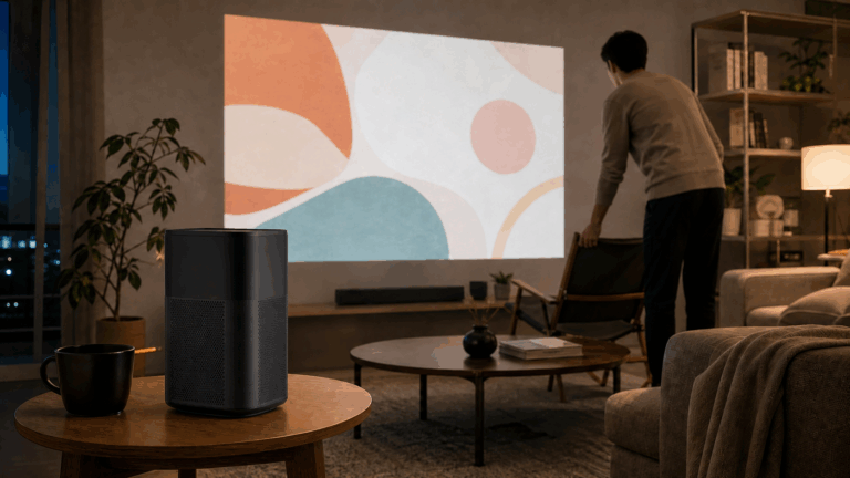 Portable projector creating a large home entertainment image in a modern living room