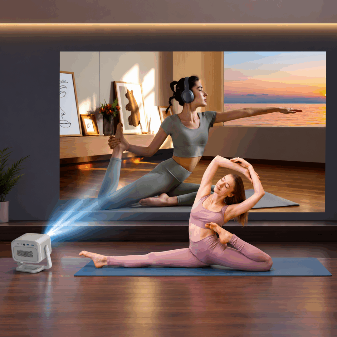 How to Build a Projector Quality Control Checklist for Bulk Orders 1 Portable projector displaying a yoga workout video in a home fitness room