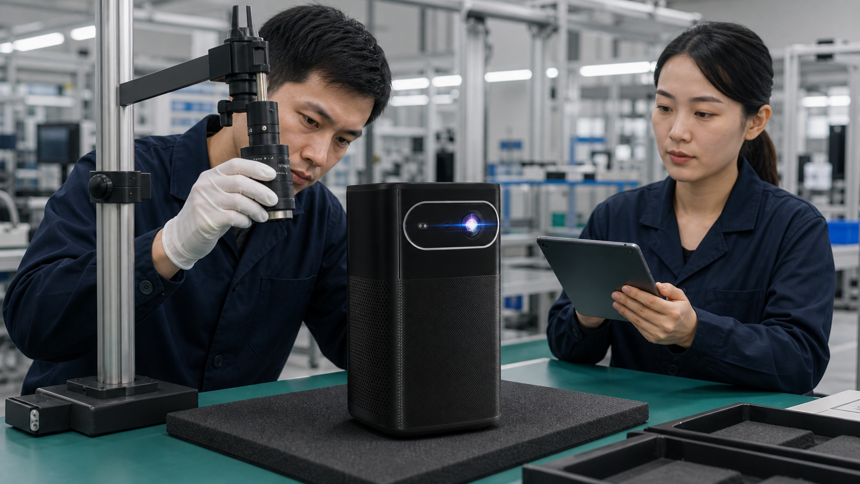 What Makes a Portable Projector Brand a Market Leader? 2 Portable projector manufacturer performing optical inspection and quality control during production