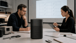 Portable projector team reviewing product specifications and sample test results