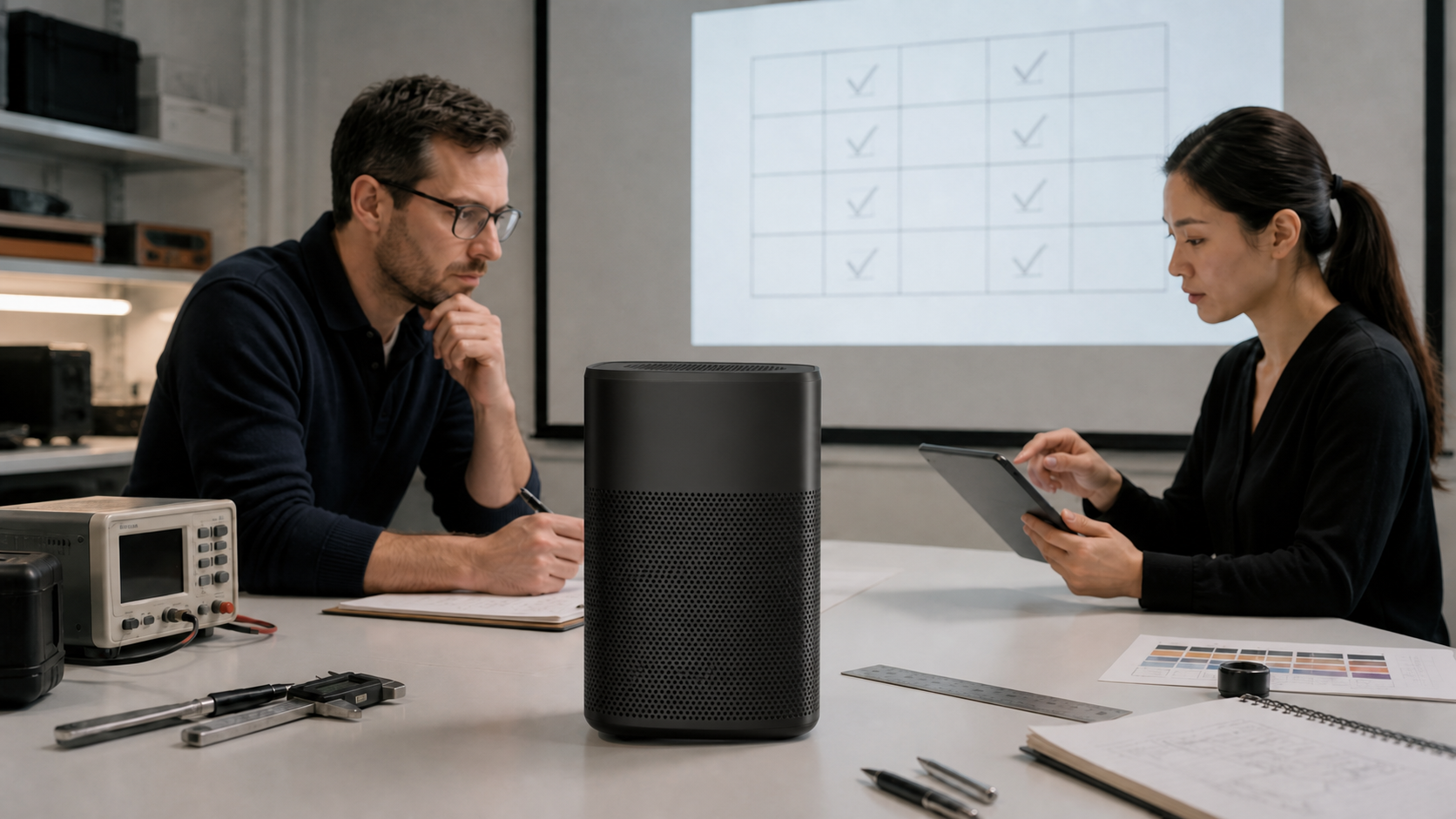 What Makes a Portable Projector Brand a Market Leader? 1 Portable projector team reviewing product specifications and sample test results