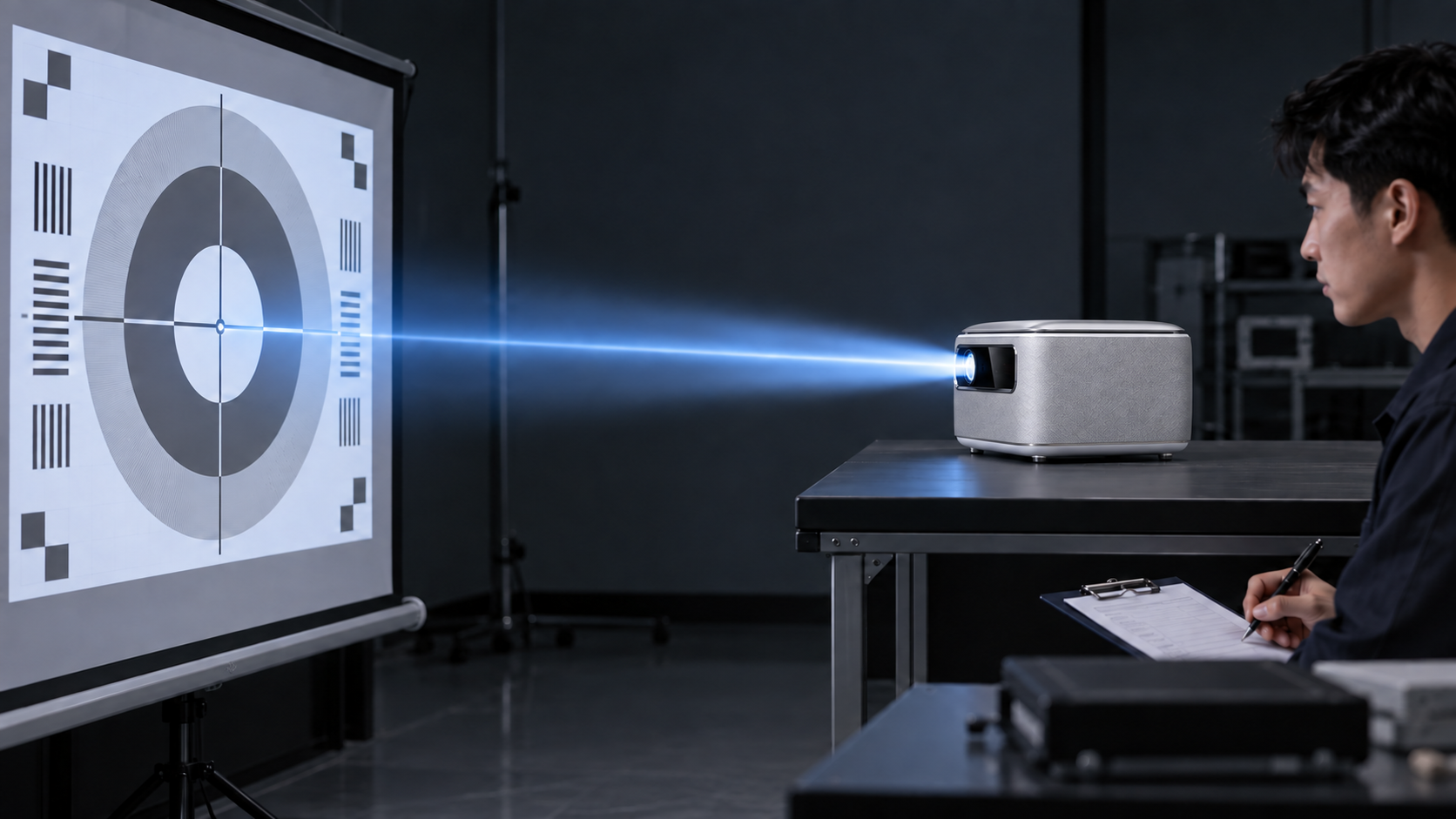 How to Build a Projector Quality Control Checklist for Bulk Orders 1 Portable projector undergoing image alignment and projection performance testing in a quality control lab