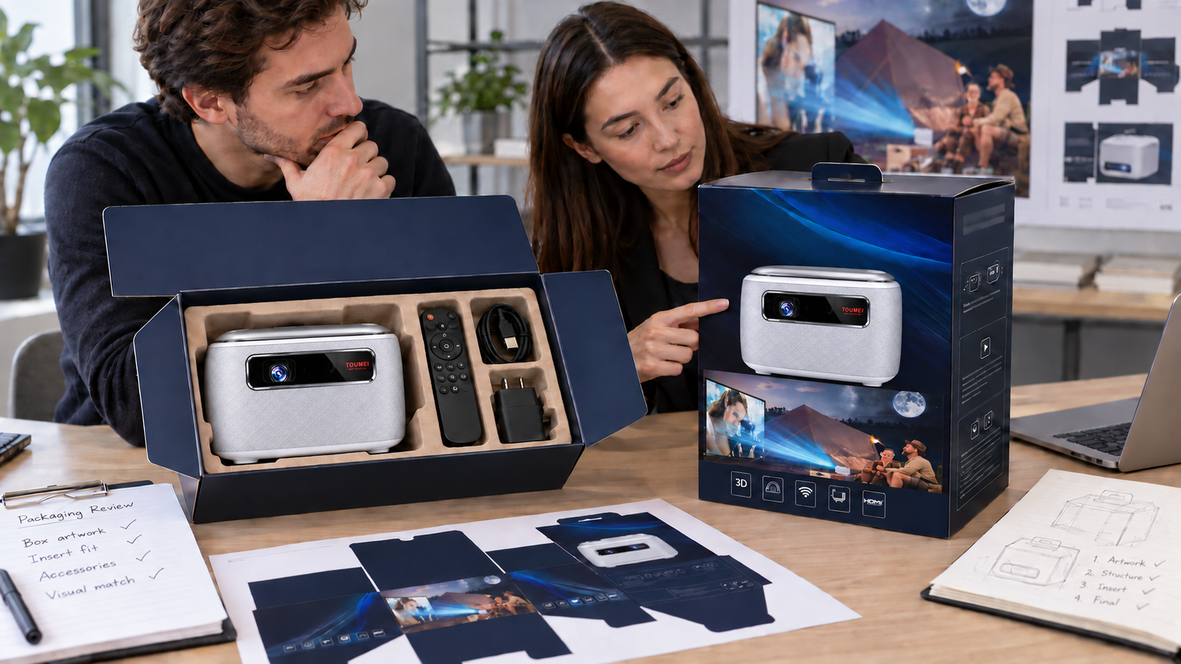 How to Customize Portable Projector Packaging for Retail 2 Product team reviewing portable projector packaging, accessories, and box design before production