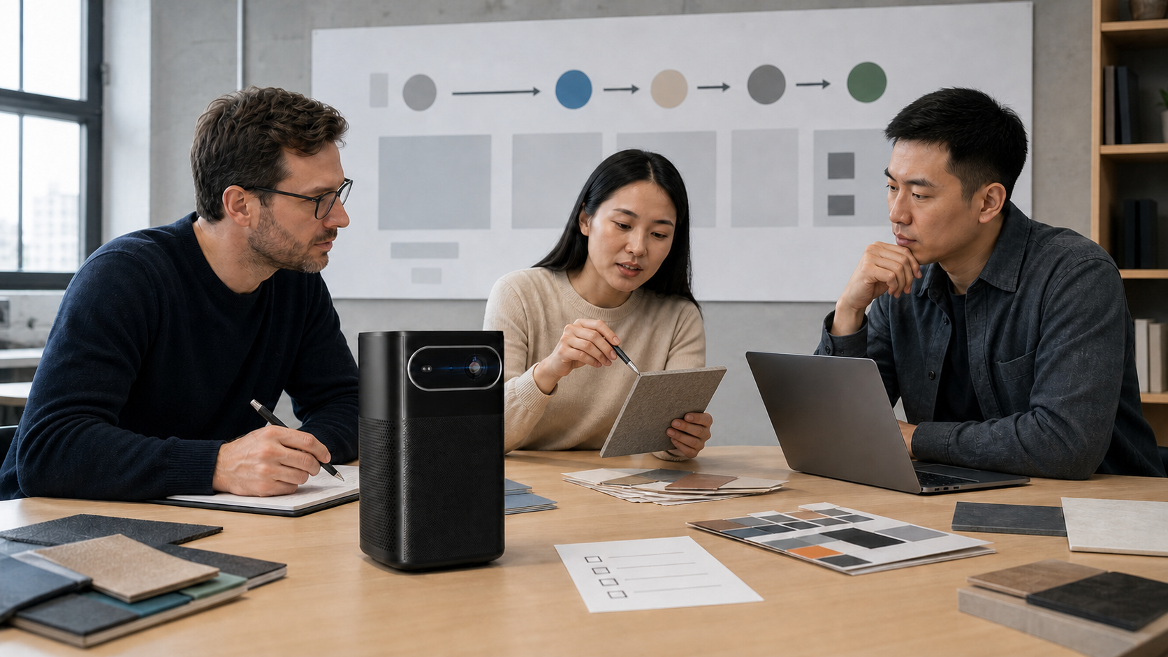 What Is the Future of the Portable Projector Market? 2 Projector OEMODM team reviewing product design, materials, and market requirements for a portable projector