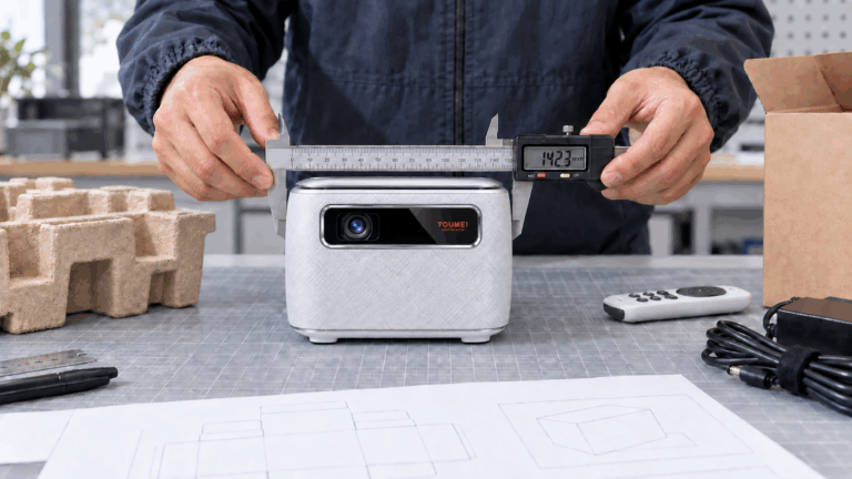 Technician measuring the dimensions of a portable projector with a digital caliper
