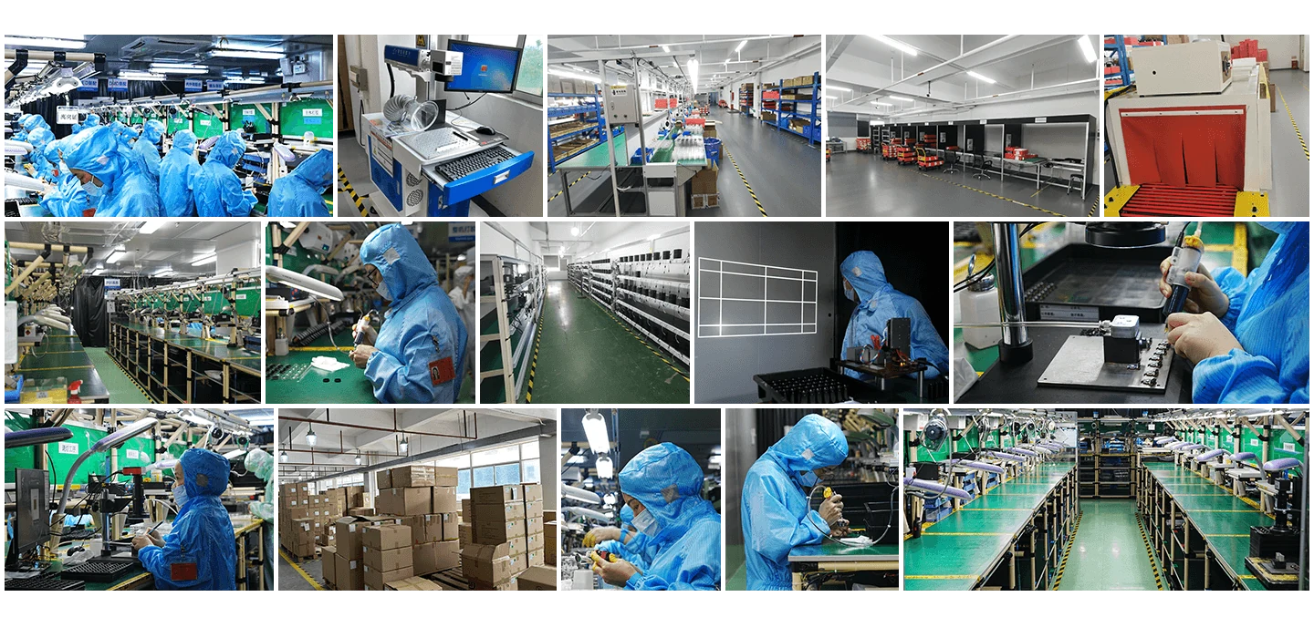 TOUMEI factory photo collage showing assembly workstations and a projected test grid