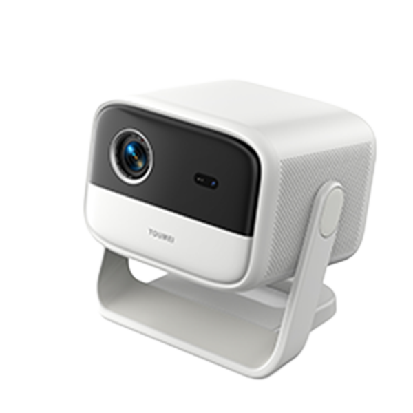 White TOUMEI portable projector shown from the front and side