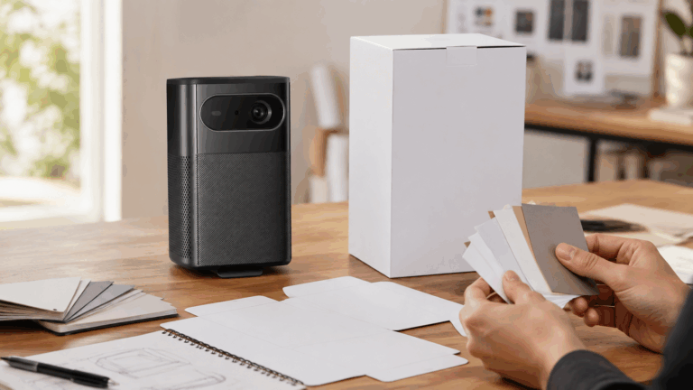 portable projector displayed with packaging prototype and material samples