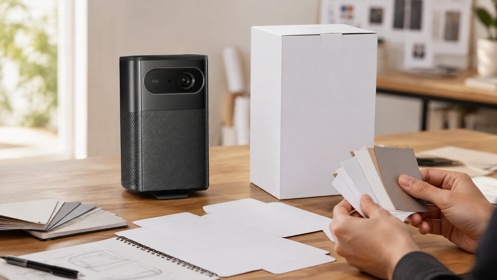 OEM vs ODM Projectors: Which Route Fits Your Brand? 1 portable projector displayed with packaging prototype and material samples