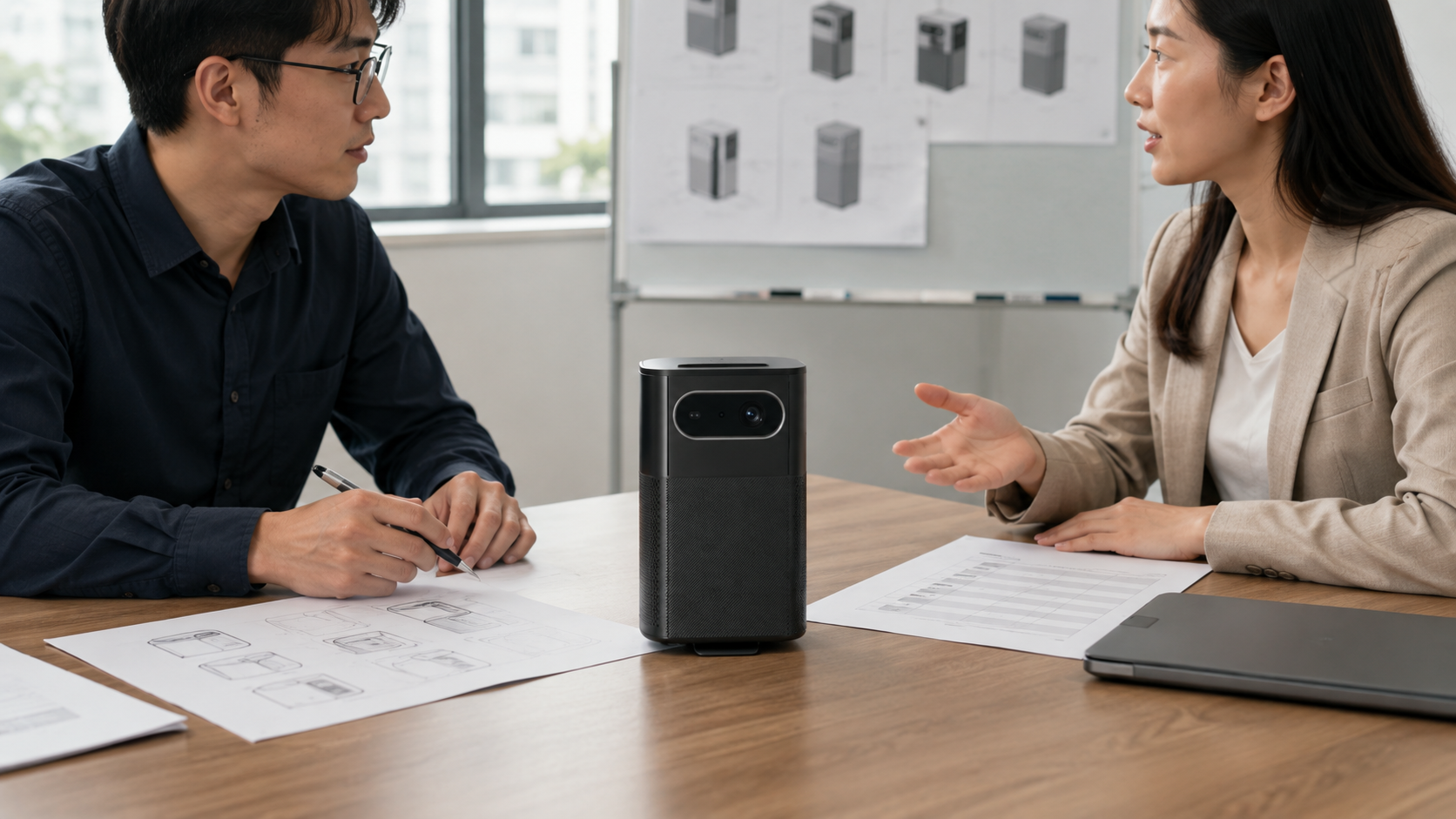 OEM vs ODM Projectors: Which Route Fits Your Brand? 2 product designers discussing a portable projector during a development meeting