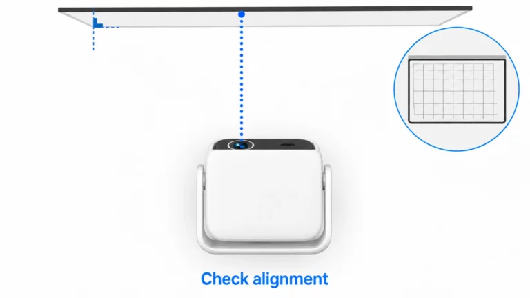Diagram showing projector alignment with the screen using a vertical reference line and grid pattern